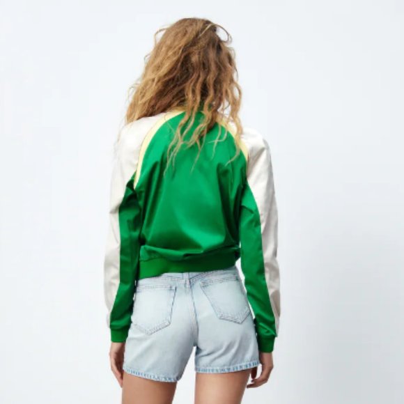 ZARA GLOSSY BOMBER JACKET - NAVY BLUE & APPLE GREEN XS - Picture 3 of 6
